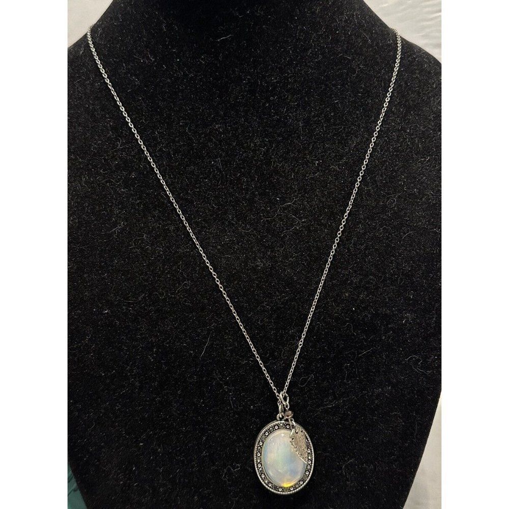 American Eagle Silver Tone Moon Stone Marcasite 29-31” Long Pendant Necklace